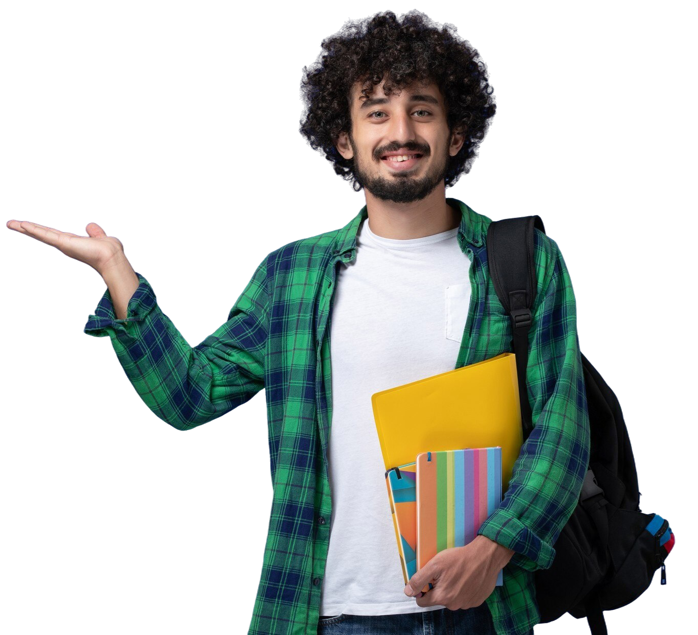 front-view-male-student-wearing-black-backpack-holding-copybooks-smiling-blue-wall